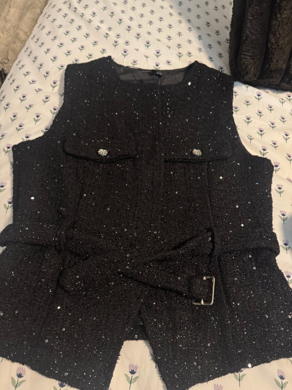 Black Sequin Tweed Belted Women's Vest